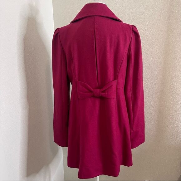 Guess Medium Magenta Pea Coat Wool Blend Cute Accents High Collar Mid Length - Picture 7 of 13